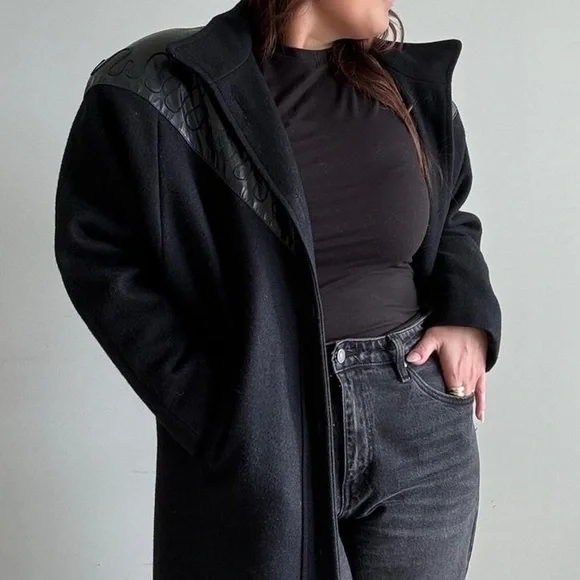 80s vintage wool and leather coat - Picture 7 of 10